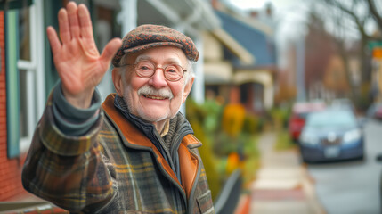 Middle aged smiling healthy old man waving at the viewer from the sidewalk in his neighborhood home blurred in the background  - obrazy, fototapety, plakaty