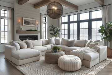 A stylish living room with a statement chandelier and a comfortable sectional sofa. Created with generative AI.