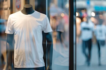 white men's front tshirt print on demand mockup on mannequin in a storefront - Generative ai