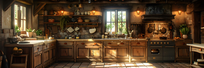 Fototapeta na wymiar A cozy kitchen with rustic wooden furniture and warm lighting. Created with generative AI.