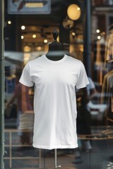 white men's front tshirt print on demand mockup on mannequin in a storefront - Generative ai