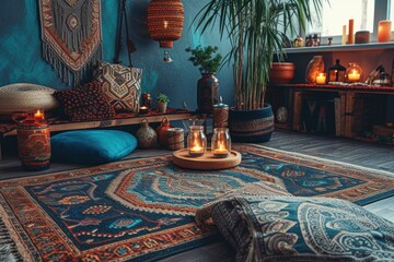 Cozy corner of an urban shaman's sanctuary with colorful ethnic pillows, patterned rugs, and ambient candle lighting