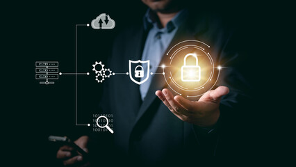 Cybersecurity and privacy concepts to protect data. Lock icon and internet network security technology. Businessman protecting personal data on smartphone, virtual screen interfaces. cyber security.
