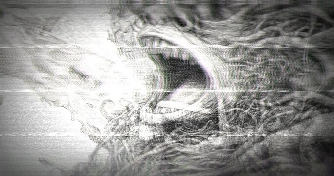 the face of madness from the side screaming and elements of classic fantasy, hallucination, mental insane