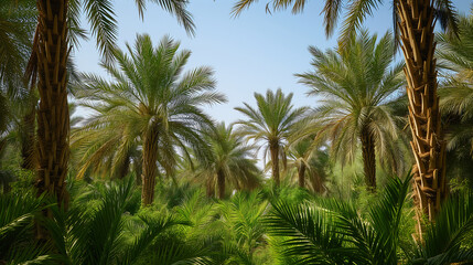 Obraz premium Date palm oasis during the day. The lush greenery Palm tree farm against a clear sky