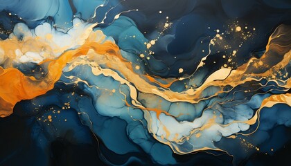 Abstract Waves Painting Background in White Gold and Blue Colors