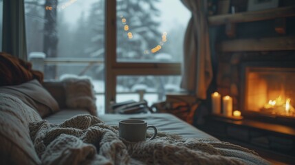 Fototapeta na wymiar Cozy Winter Evening by Fireplace, Warm Blankets and Hot Chocolate