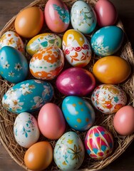 Huevos de pascua decorados o pintados de varios colores vibrantes en una cesta o canasta. Festividades de primavera