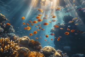 Fototapeta na wymiar Diving Into Coral Reef Mysteries, Rich Underwater Biodiversity in Sunlight