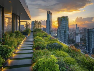 Rooftop Garden Bliss at Dusk, Verdant Space Against Urban Horizon with Soft Lights