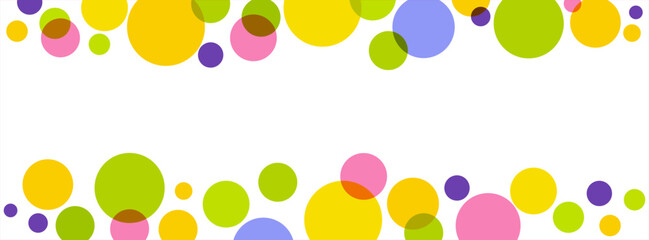 Polka dot frame. Horizontal frame of colored dots isolated on a white background. Big colored spots on white. Vector illustration. Rainbow polka dot frame. You can place your text in the center.