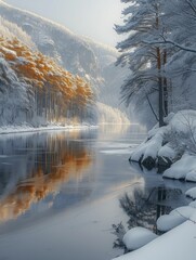 Winter Wonderland Landscape, Snow-Covered Trees and Icy Rivers in Serene Nature