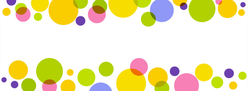Polka dot frame. Horizontal frame of colored dots isolated on a white background. Big colored spots on white. Vector illustration. Rainbow polka dot frame. You can place your text in the center.