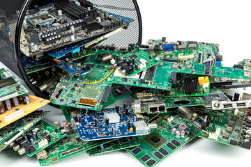 Electronic waste of mainboard computer - old TV circuit boards from recycle industry isolated on...