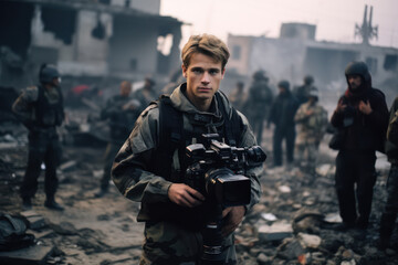 Fototapeta premium Camouflaged Warrior: A Determined Soldier in Battle Gear Aiming Rifle in Forest Operation