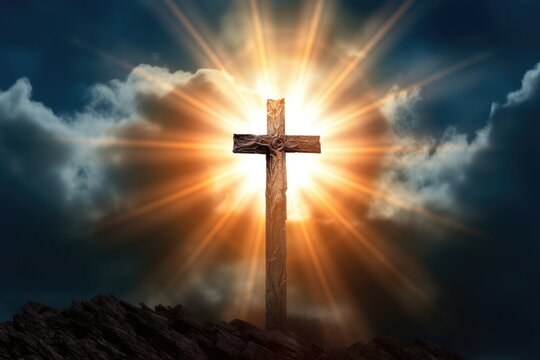 Cross on the mountain and angelic light behind it. Blue sky, clouds and sunshine. Symbol of Christianity. AI Generated 