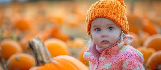 A happy baby girl wearing an orange cap is standing in a field of pumpkins, enjoying the natural foods like calabaza and squash, winter squashes used for food.