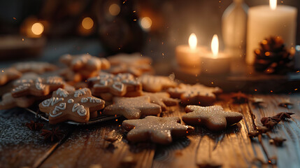 Plate with tasty Christmas cookies on wooden table against blurred lit candles background - AI Generated