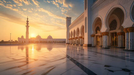 Fototapeta na wymiar Islamic Mosque architecture against the backdrop of a sunset. Ramadhan background concept