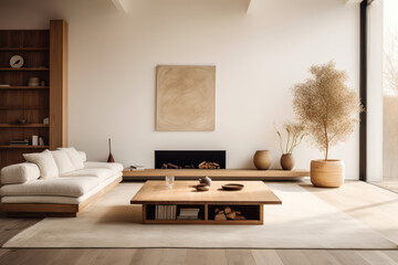 Contemporary Bright Living Room with Stylish Furniture and Rustic Wood Elements, Set against a Grey Interior Background