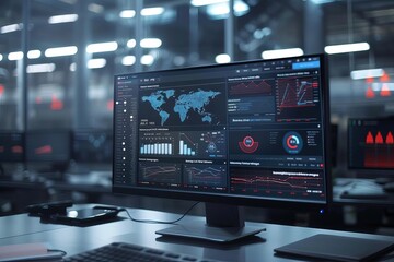 Naklejka premium High-tech business process automation display showing a computer monitor transitioning from analytics to software solutions Embodying the digital transformation in data visualization and management.