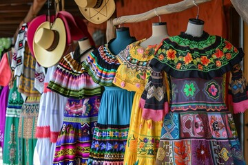 Fototapeta premium Mexican traditional clothing display Vibrant colors and patterns Artisan market scene
