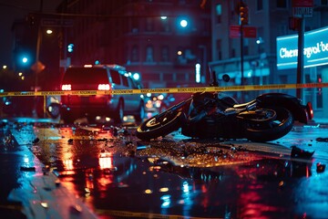 Motorcycle collision in urban setting Emergency response scene with vivid lights and caution tape Wide angle for advertising space - obrazy, fototapety, plakaty