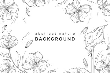 Blue line botanical background with flowers and leaves vector background. - obrazy, fototapety, plakaty