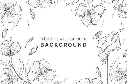 Blue line botanical background with flowers and leaves vector background.