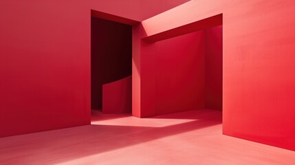 3D Mockup of All-Red Interior, Abstract House with Natural Light