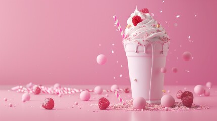 Ice Cream Strawberry Milkshake with Splashing Strawberries and Berries on Pink Studio Background