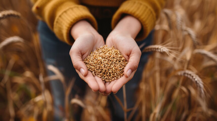 Hands holding wheat grain, organic agricultural harvest seed concept - obrazy, fototapety, plakaty