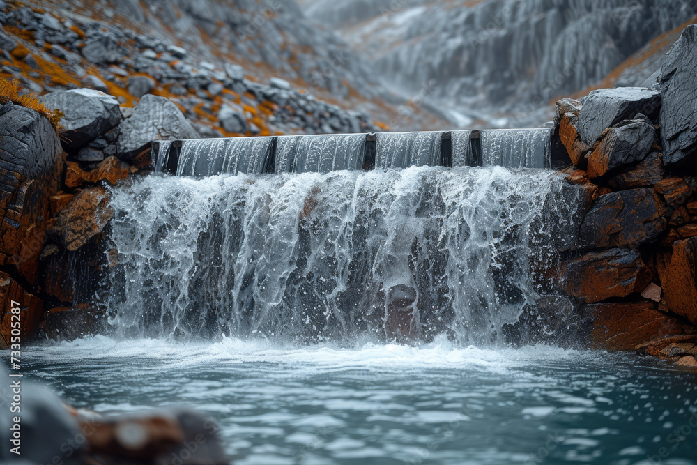 Poster the rigid structures of an industrial area contrasting with the fluidity of a waterfall, capturing t