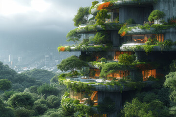 The harmonious merger of technological advancements in a city and the organic growth of flora in a botanical garden, representing the coevolution of urban environments and nature.  Generative Ai.