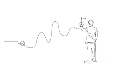 Continuous one line drawing of businessman drawing path from start to finish, plan to reach goal or target concept, single line art.