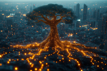 Obraz premium The digital connectivity webbing through a city against the interconnected root system of an ancient tree, symbolizing the intertwining networks that sustain both urban lifes. Generative Ai.