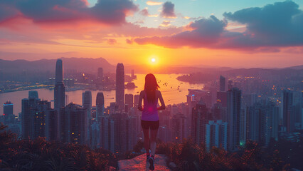 Urban Sunrise Jogging Beautiful Asian Woman in Cityscape - obrazy, fototapety, plakaty