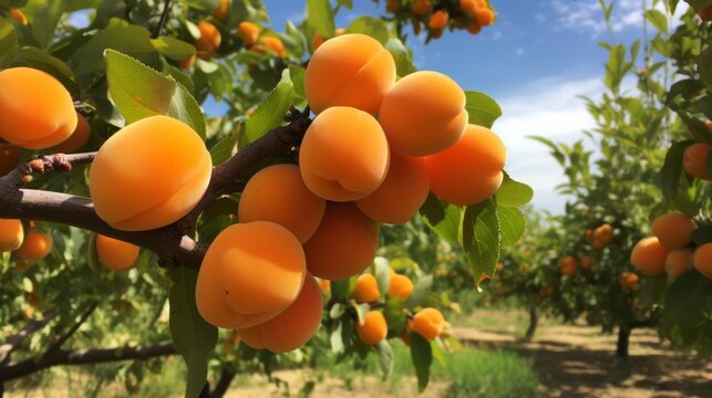 A bunch of ripe apricots on a branch. Neural network AI generated art