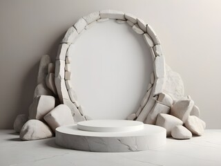 Fototapeta na wymiar 3d Render Stone Podium With Frame And White Natural Abstract Background