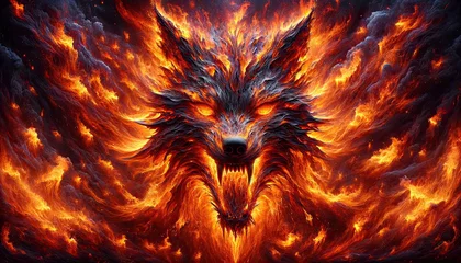 Zelfklevend Fotobehang AI-generated of a fierce wolf emerging from a fiery inferno © jhorrocks