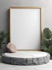 
3d Render Stone Podium With Frame And White Natural Abstract Background