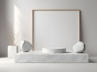 
3d Render Stone Podium With Frame And White Natural Abstract Background