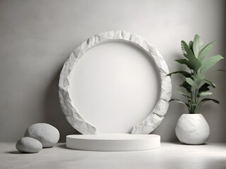 
3d Render Stone Podium With Frame And White Natural Abstract Background
