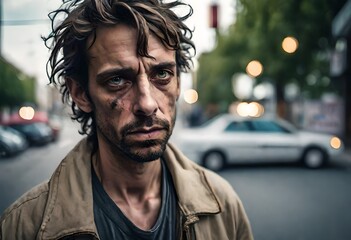picture of a homeless dirty man addicted to alcohol and drugs - obrazy, fototapety, plakaty