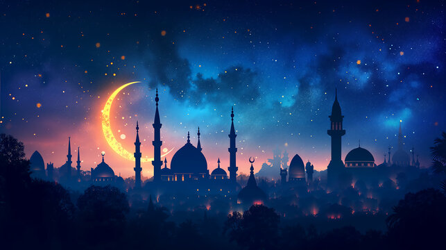 Starry night sky with crescent moon, silhouettes of mosques and minarets. Ramadan background concept