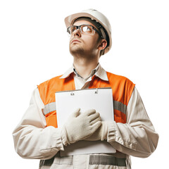 Engineer with safety helmet isolated on transparent background, cut out, png
