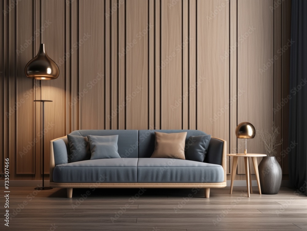 Poster 3d rendering of a living room with a sofa and a lamp.