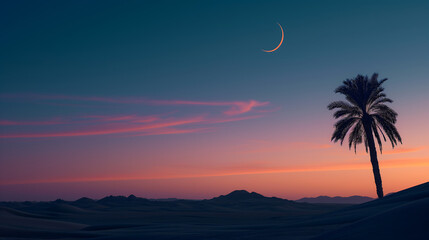 Desert landscape with a lone date palm tree and a crescent moon in the sky. Ramadhan concept - obrazy, fototapety, plakaty