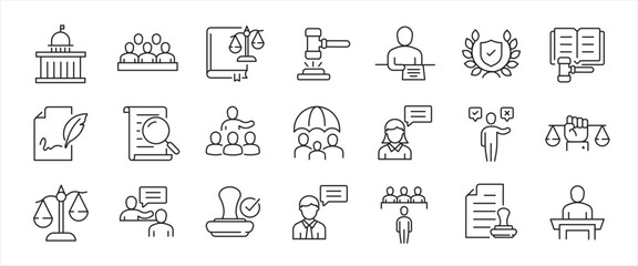 Court minimal thin line icons. Related nailing, law, justice, judgement, investigation. Editable stroke. Vector illustration.
