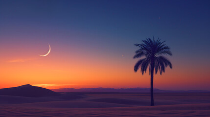 Fototapeta na wymiar Desert landscape with a lone date palm tree and a crescent moon in the sky. Ramadhan concept